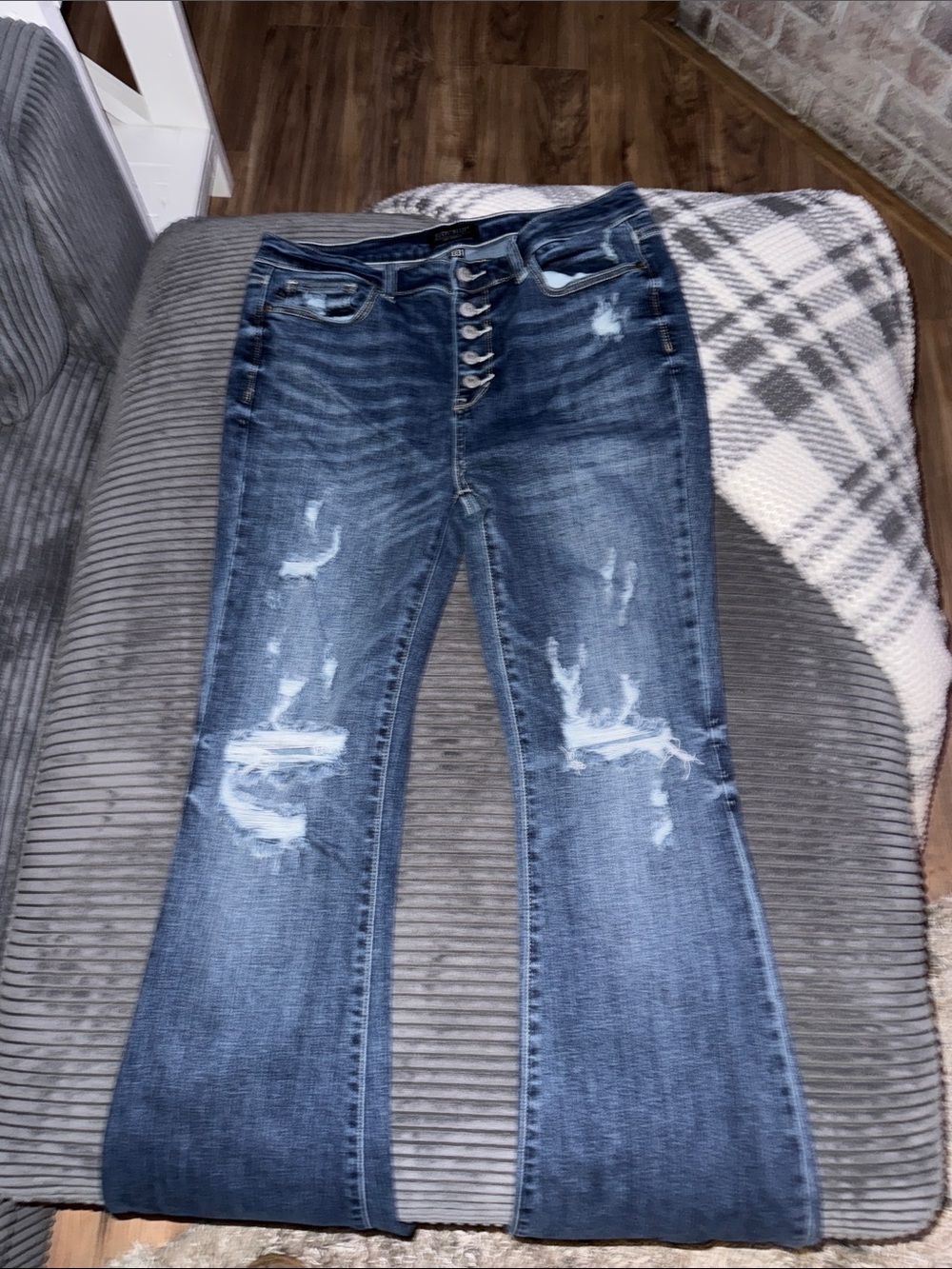 Judy Blue Distressed Dark Blue Flare Jeans with Button-Fly